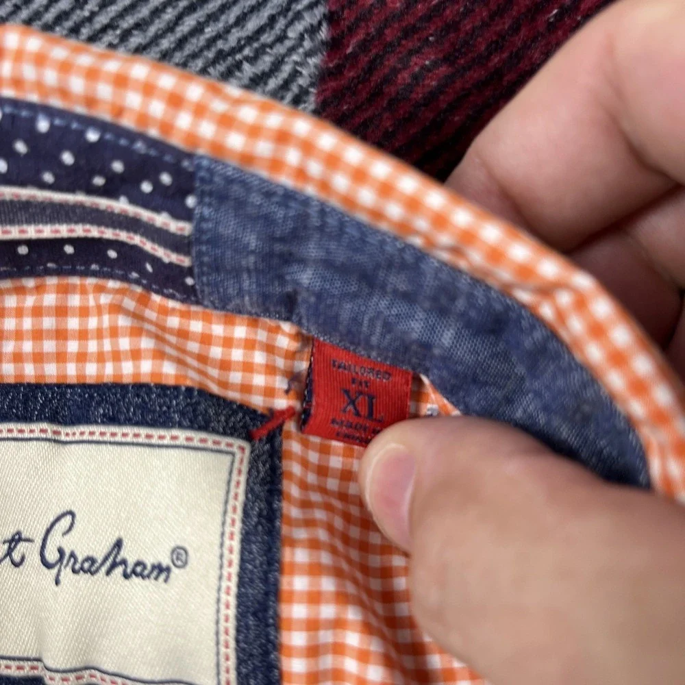 Robert Graham Shirt Mens XL Orange Gingham Tailored Fit Button Up‎ Lightweight